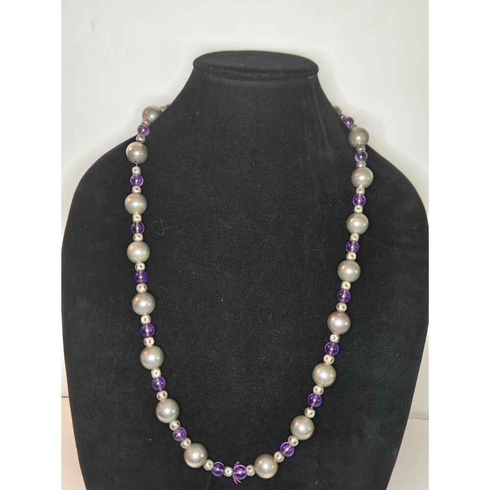 Silver Tone Beaded Necklace with Purple Beads